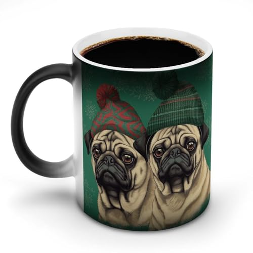 TKJMCSW Kaffeetasse, 325 ml, zwei Mops mit Mützen, farbwechselnde Tassen, wärmewechselnde Kaffeetassen mit Griff, wärmeempfindliche magische Tasse für Damen und Herren, lustige Keramiktasse für Tee von TKJMCSW