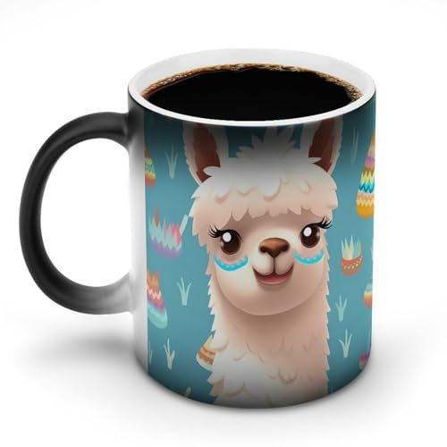TKJMCSW Kaffeetasse mit Alpaka-Muster, farbwechselnde Tassen, wärmewechselnde Kaffeetassen mit Griff, wärmeempfindliche magische Tasse für Damen und Herren, lustige Keramiktasse für Tee, Latte, Milch von TKJMCSW
