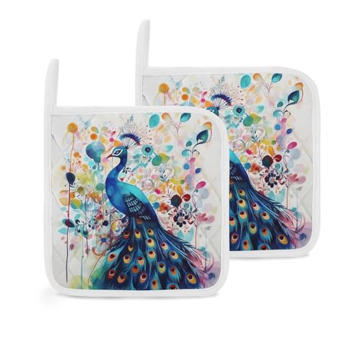 Topflappen, Pfau, hitzebeständig, dicke heiße Pads mit Schlaufe, rutschfest, für Küche, Kochen, Backen, Grill, 20,3 x 20,3 cm, 2 Stück Topflappen, Pfau, hitzebeständig, dicke heiße Pads mit Schlaufe, rutschfest, für Küche, Kochen, Backen, Grill, 20,3 x 20,3 cm, 2 Stück von TKJMCSW