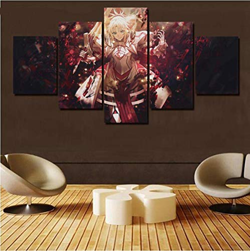 TKKXQT Leinwanddrucke Mordred Red Sabre 5 Panel Mode Anime Poster Fate Apocrypha Kinderzimmer Dekoration Größe C von TKKXQT