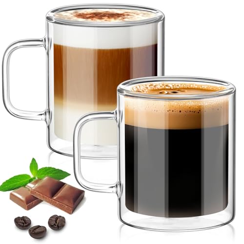 TKNO Doppelwandige Glasbecher mit 400 ml Fassungsvermögen – isolierte klare Tee- und Kaffeetassen, große Borosilikatgläser mit Griffen, hitzebeständige Latte-, Kräuter- oder Eisgetränke, 2 Stück von TKNO