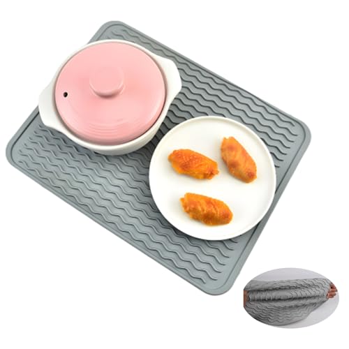 Abtropfmatte aus Silikon, 40 x 30cm Abtropfmatte Geschirr, Hitzebeständig, Rutschfest Abtropfmatte für Spüle, Mehrzweck Geschirr Abtropfmatte, Draining Mat for Cutlery (Hellgrau) von TKOLLI
