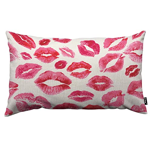 TKS MITLAN Kissenbezug mit Lippen-Drucken, Kuss, Lippenstift, Mund, roter Smooch, Leinen, Couch, Bett, Sofa, Auto, Taillenkissenbezug, 30,5 x 50,8 cm von TKS MITLAN