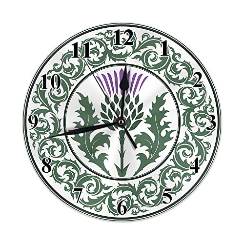 TKS MITLAN Wanduhr mit Distelblüte, rund, modern, 25,4 cm, Symbol von Schottland, Rnament, runde Blattdistel, leise, nicht tickend, batteriebetrieben, klassisch, Quarz, schwarze Uhr, MultiA1946 von TKS MITLAN