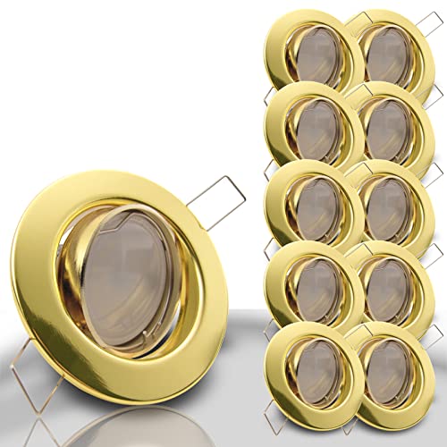 trendlights24 Decora LED Einbaustrahler 230V Gold rund 10er Set - Spots 6W 500 lm GU10 Kaltweiß austauschbar - Deckenspots schwenkbar 68 mm Lochmaß von trendlights24