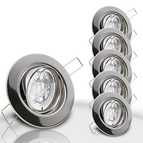 trendlights24 Decora Decken Einbaustrahler flach 35 mm 230V 5er Set - LED Spots je 5W Warmweiß 400lm austauschbar Chrom glänzend schwenkbar 68 mm von trendlights24