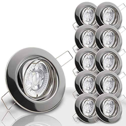 trendlights24 Decora Decken Einbaustrahler flach 35 mm 230V 10er Set - LED Spots je 5W Warmweiß 400lm austauschbar Chrom glänzend schwenkbar 68 mm von trendlights24