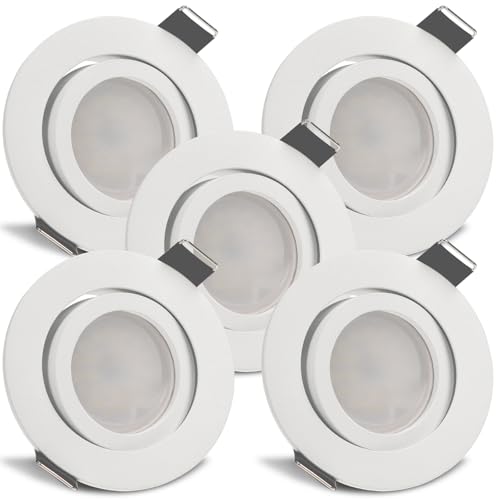 trendlights24 Bianco LED Einbaustrahler 230V Weiß matt rund dimmbar, 5er Set ultra flach 35 mm LED-Spots 5W Warmweiß, Deckenspots schwenkbar von trendlights24
