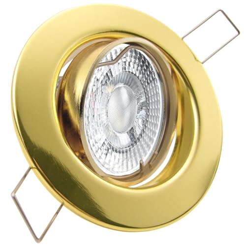 trendlights24 Decora LED Einbaustrahler 230V Gold Messing rund 3-Stufen dimmbar extra flach 35mm, 3er Set Warmweiß 5W, Einbauleuchten schwenkbar von trendlights24