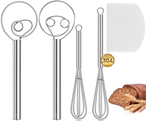 5 Stück Dänischer Schneebesen, 304 Edelstahl Dänischer Teigbesen Mini Schneebesen Klein Set mit Teigkarte, 2 Teigrührer +2 Rührbesen +1 Teigkarte, Doppellöchern zum schnellen Mischen, Nicht Rosten von TLDNZXY