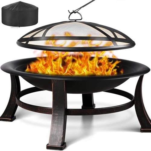 Feuerkorb mit funkenschutz, Φ76cm Feuerschale mit grillrost, Retro-Look Feuerstelle, Feuerschalen für den Garten, BBQ Feuerschale Grill, Stabil und Funktional, Schwarz, Groß von TLGREEN