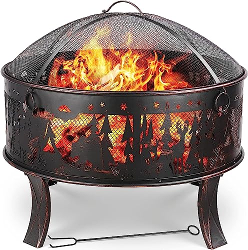 Feuerschalen, Feuerschale mit Funkenschutz, Feuerschale Garten Ø71x65cm, inkl. Poker & Kohlerost, Feuerkorb Retro-Look, Feuerstelle für Garten Camping Strand - Exquisites Elchmuster von TLGREEN