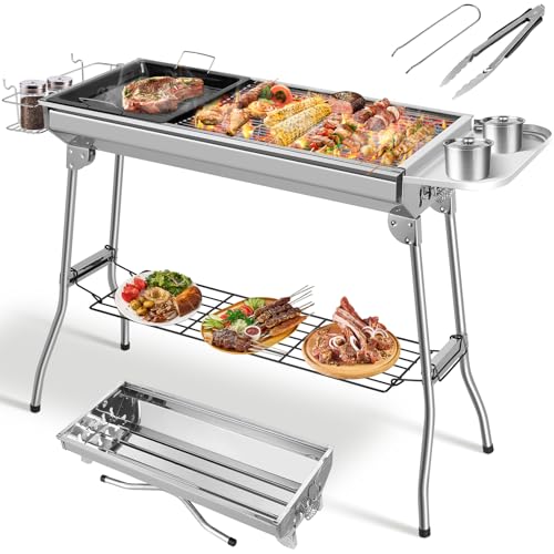 Holzkohlegrill XXL,118 * 33 * 72cm, Klappgrill, Campinggrill, Picknickgrill, aus Edelstahl, Grill mit Antihaft-Pfanne, Aufbewahrungskorb & Aufbewahrungsplatte, für 5-10 Personen, Komplettes Zubehör von TLGREEN