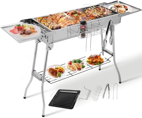 Holzkohlegrill XXL(122 * 30 * 75cm),Tragbarer Kohlegrill, Klappgrill Edelstahl, BBQ Charcoal Grill mit Antihaft-Pfanne, Einstellbare Belüftungsöffnungen, Camping Grill für Garden Backyard Picknick von TLGREEN