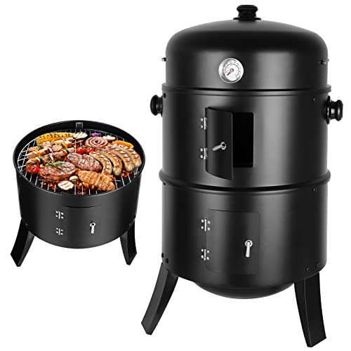 Räucherofen, 3in1 Smoker Grill Holzkohlegrill, Räuchertonne Räuchergrill Watersmoker, inkl. Luftschieber,Thermometer,2 Wasserschale Emaille,3 Grillrost Edelstahl, Verwenden Sie Kohle & Räuchermehl von TLGREEN