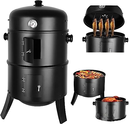 Räucherofen, Smoker, Räuchertonne, Ø44,5 * 80 cm, inkl. Wasserschale, 2 Grillrost（φ 37,5 cm）, Regulierbar Luftabzug und Thermometer, 3-in-1Holzkohlegrill,für Räuchern, Grillen & Garen von TLGREEN