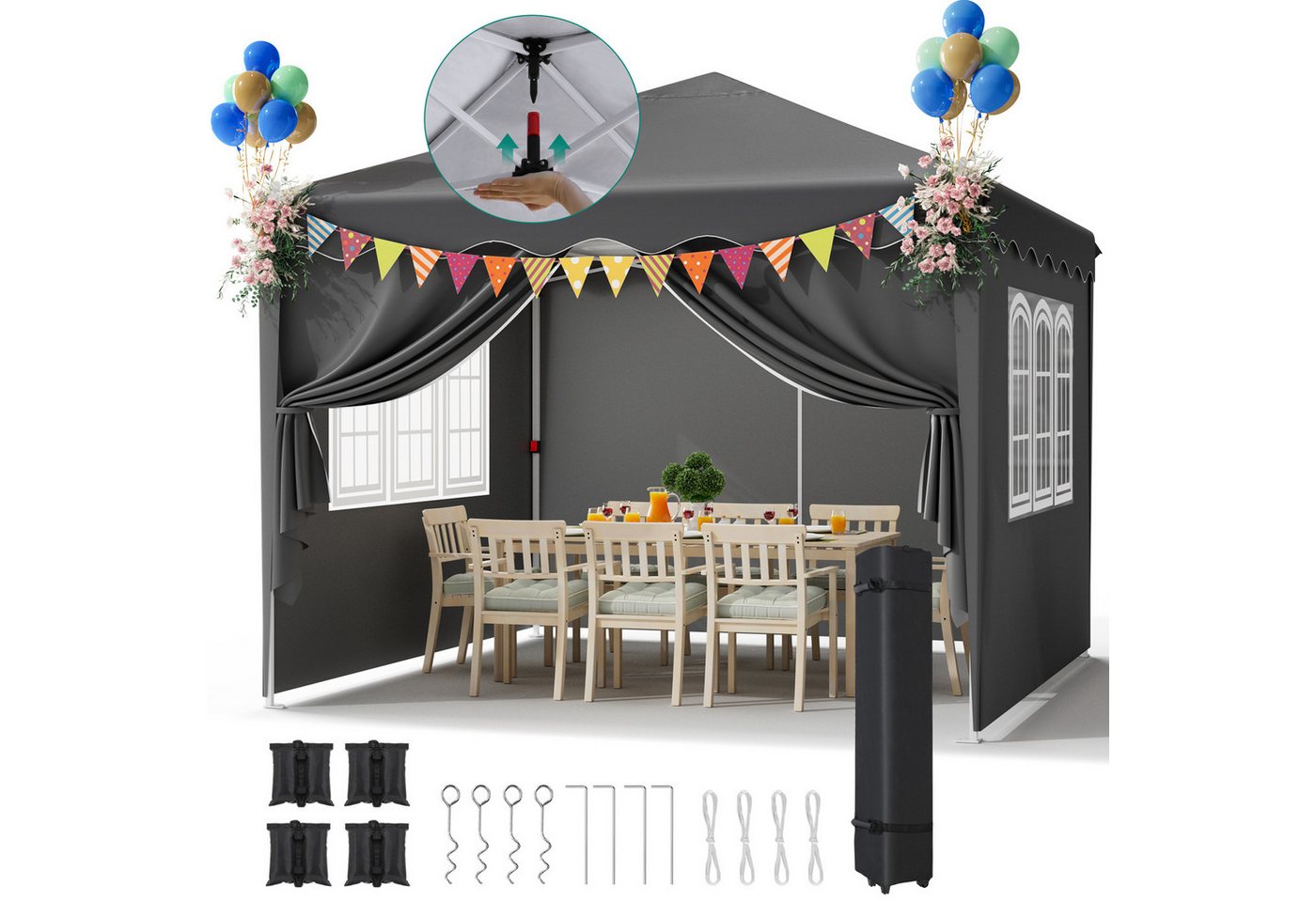 TLGREEN Faltpavillon, Pop up Pavillon 3x3M, mit 4 Seitenteilen, (One Push Faltpavillon Wasserdicht Stabil), 420D Oxford Gartenzelt mit 4 Seitenteilen,Gartenpavillon von TLGREEN