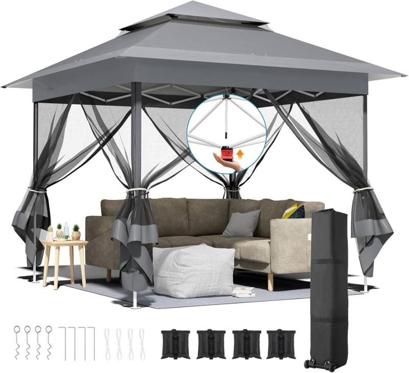 TLGREEN Faltpavillon 3,3x3,3 mit 4 Moskitonetz Seitenteilen, mit 4 Seitenteilen, One Push pavillon Wasserdicht Stabil,UV Schutz 50+ von TLGREEN