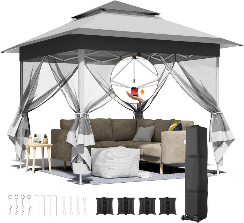 TLGREEN Faltpavillon 3,3x3,3 mit 4 Moskitonetz Seitenteilen, mit 4 Seitenteilen, One Push pavillon Wasserdicht Stabil,UV Schutz 50+ von TLGREEN