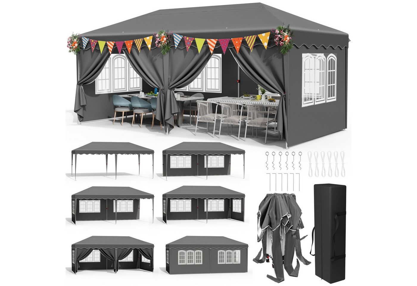 TLGREEN Faltpavillon Pavillon 3x6 Wasserdicht Stabil Winterfest, mit 6 Seitenteilen, (artenpavillon Höhenverstellbar), Gartenzelt mit 6 Seitenteilen, Partyzelt 420D Oxford von TLGREEN