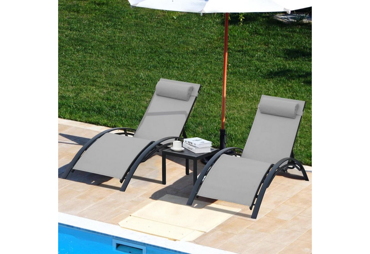 TLGREEN Gartenliege 2er Aluminium Sonnenlieg mit Tisch, 2er Lounge Sonnenliegen Set mit Beistelltisch und Kopfkissen, Wetterfest,5-Fach Verstellbare Rückenlehne, Geeignet für Gärten,Schwimmbäder,Strand,Draussen TLGREEN Gartenliege 2er Aluminium Sonnenlieg mit Tisch, 2er Lounge Sonnenliegen Set mit Beistelltisch und Kopfkissen, Wetterfest,5-Fach Verstellbare Rückenlehne, Geeignet für Gärten,Schwimmbäder,Strand,Draussen von TLGREEN
