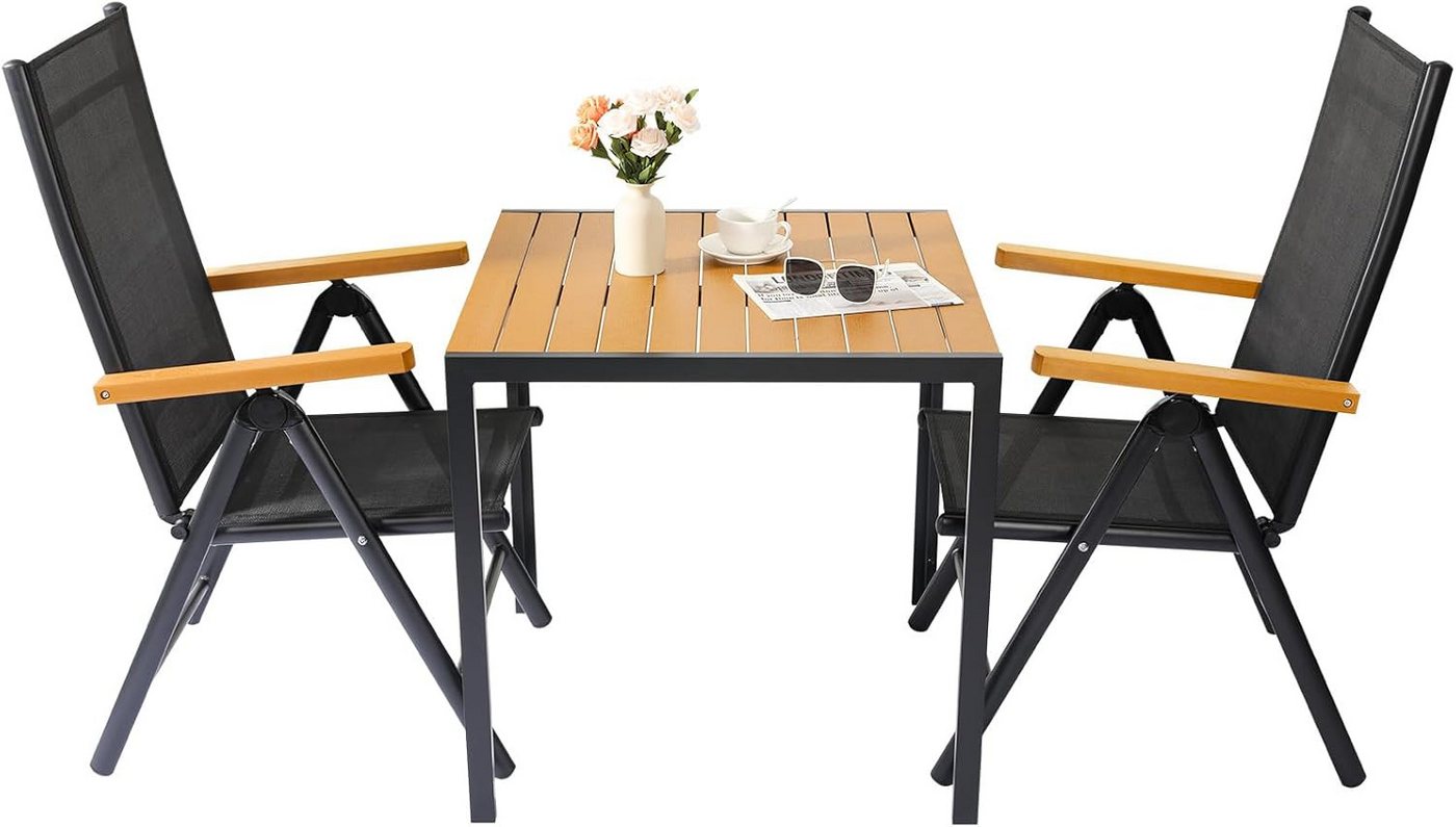 TLGREEN Gartenlounge-Set Gartenmöbel-Set,Balkonmöbel-Set,Aluminium-Sitzgruppe, (2er Verstellbare Hochlehner Klappstühle + 1 WPC Quadratisch Tisch, 3-tlg., Essgruppe Sitzgruppe) von TLGREEN