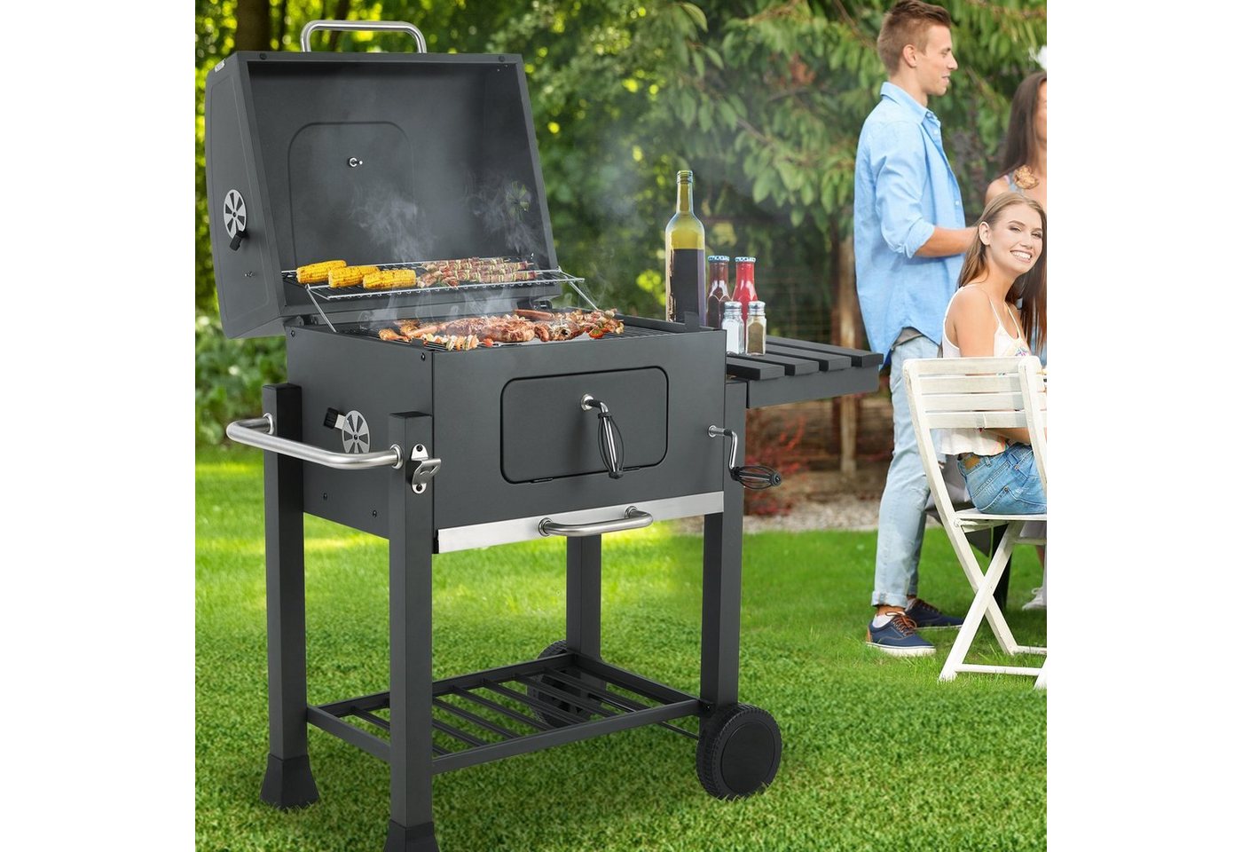 TLGREEN Holzkohlegrill, Grillwagen, Holzkohlegrill mit Deckel, Grau XXL von TLGREEN