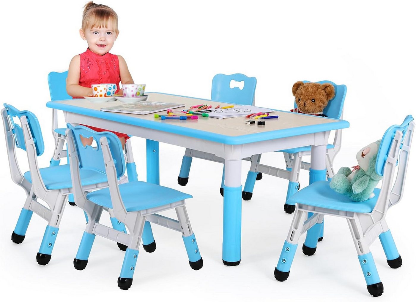 TLGREEN Kindersitzgruppe Kindertisch mit 4 Stühlen, (7-tlg), Kindermöbel, Quadratischen Tisch Höhenverstellbar Plastik von TLGREEN