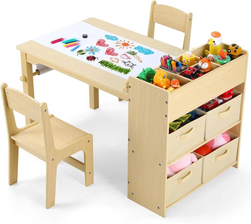 TLGREEN Kindertisch Zeichentisch mit 2 Stühlen (Maltisch Schreibtisch mit Papierrolle und 4 Aufbewahrungskiste), Maltisch Kindersitzgruppe mit Stauraum von TLGREEN