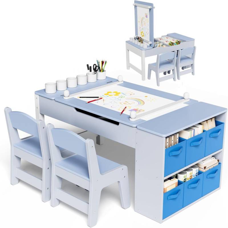 TLGREEN Kindertisch mit 2 Stühlen, Kinder Tisch Stuhl Set Holz (Kindersitzgruppe mit Stauraum und Papierrolle), Maltisch für Kinder ab 3 Jahre von TLGREEN