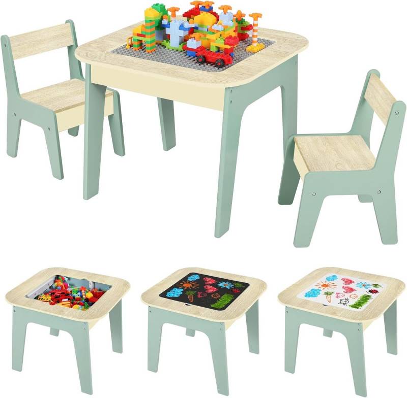 TLGREEN Kindertisch mit 2 Stühlen, Kindersitzgruppe (4-in-1-Multifunktionstisch), Doppelseitiger Maltisch & Bauplatte von TLGREEN