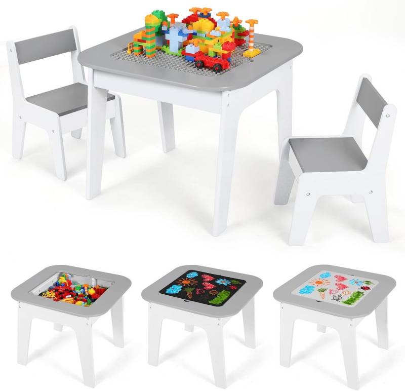 TLGREEN Kindertisch mit 2 Stühlen, Kindersitzgruppe (4-in-1-Multifunktionstisch), Doppelseitiger Maltisch & Bauplatte von TLGREEN