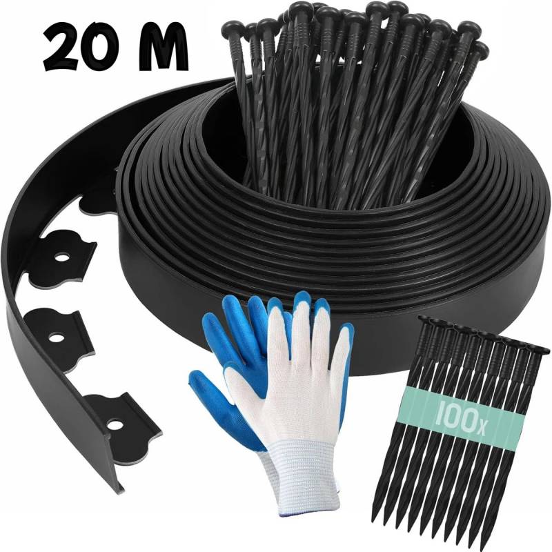 TLGREEN Rasenkante Mähkante Gartenzaun, 20m Flexible Rasenkante aus Kunststoff, mit 100 Erdanker + 1 Paar Handschuhe von TLGREEN