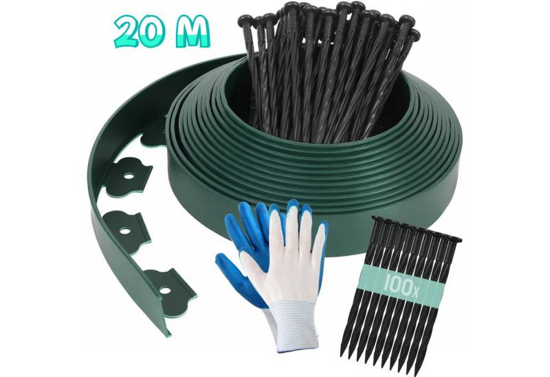 TLGREEN Rasenkante Mähkante Gartenzaun, 20m Flexible Rasenkante aus Kunststoff, mit 100 Erdanker + 1 Paar Handschuhe von TLGREEN
