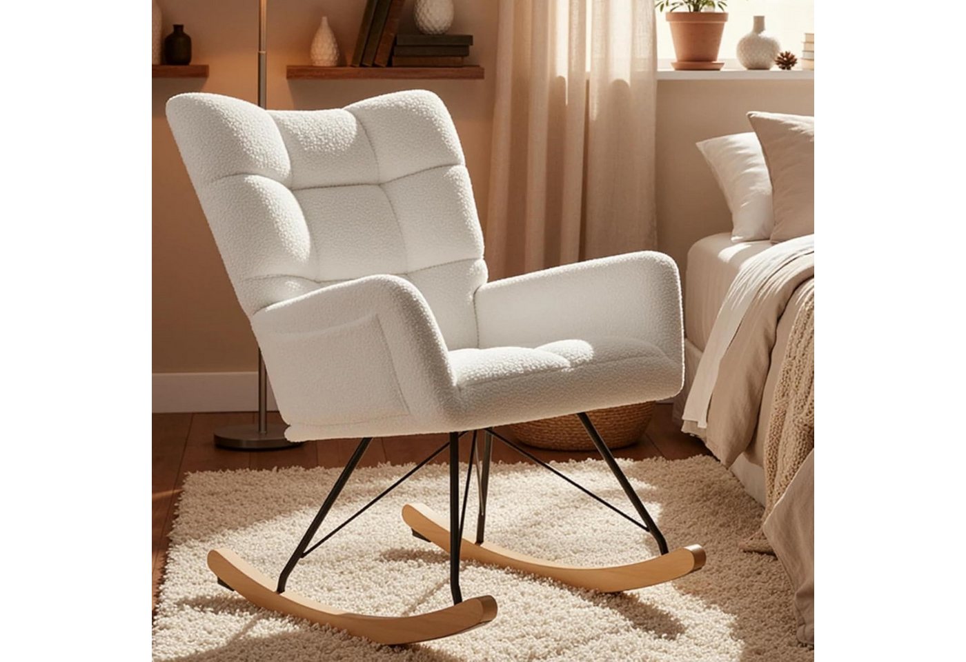 TLGREEN Schaukelstuhl wohnzimmer,Schaukelsessel mit Armlehne, (Teddystoff Gepolsterter, Holzkufen und Metallbeinen), für Wohnzimmer, Kinderzimmer, Schlafzimmer, Bis 136 kg Belastbar von TLGREEN