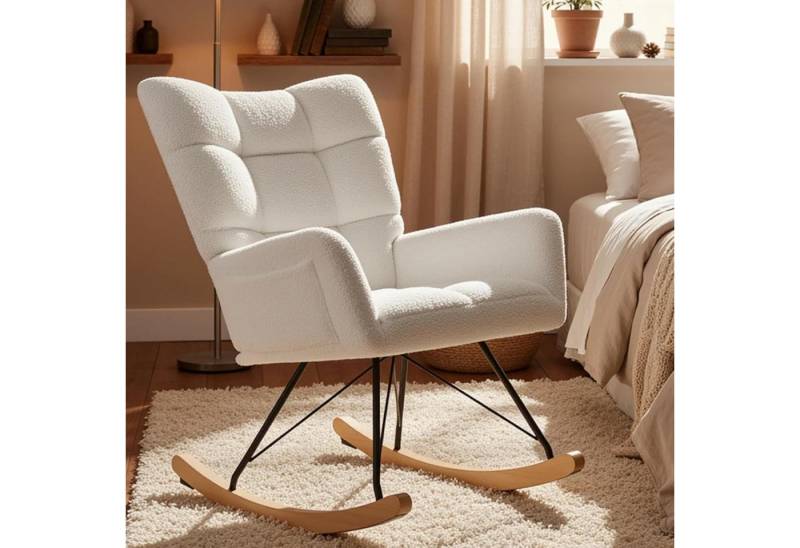 TLGREEN Schaukelstuhl wohnzimmer,Schaukelsessel mit Armlehne, (Teddystoff Gepolsterter, Holzkufen und Metallbeinen), für Wohnzimmer, Kinderzimmer, Schlafzimmer, Bis 136 kg Belastbar von TLGREEN