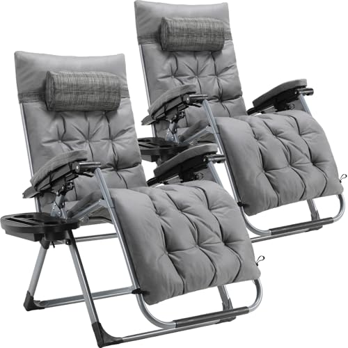 TLGREEN Sonnenliege Klappbar 2er Set, Verstellbare Gartenliege mit Auflage Wasserdicht Abnehmbare Kopfstütze Getränkehalter, Liegestuhl, Klappliege für Balkon, Grau von TLGREEN