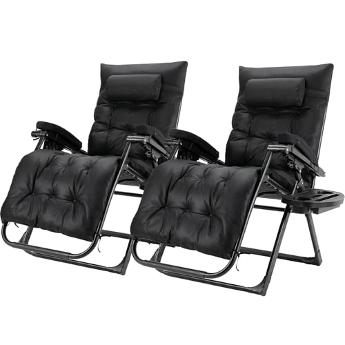 TLGREEN Sonnenliege Klappbar 2er Set, Verstellbare Gartenliege mit Auflage Wasserdicht Abnehmbare Kopfstütze Getränkehalter, Liegestuhl, Klappliege für Balkon, Schwarz von TLGREEN