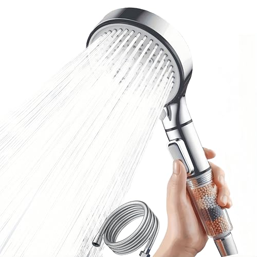 TLHWIN Wassersparender Duschkopf,Handbrause Filter Mineralsteinen und 5 Strahlarten, Druckerhöhende Duschbrause mit 3-Lagen-Filtration und zusätzlichen Steinen, Weiß,Gebürstet (Silber) von TLHWIN