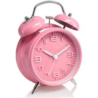 4 Zoll großer lauter Wecker mit Doppelglocke, Metallrahmen, 3D-Zifferblatt mit Hintergrundbeleuchtung, batteriebetrieben, Schreibtisch-Tischuhr, Pink von TLILY