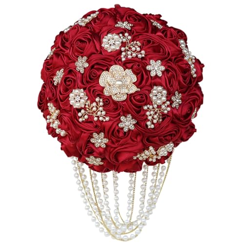 Brautjungfernsträuße Braut-Hochzeitsstrauß, Strass-Perlenkette, Brautjungfern-Hochzeit Bouquet Deko(rot) von TLMDXTEU