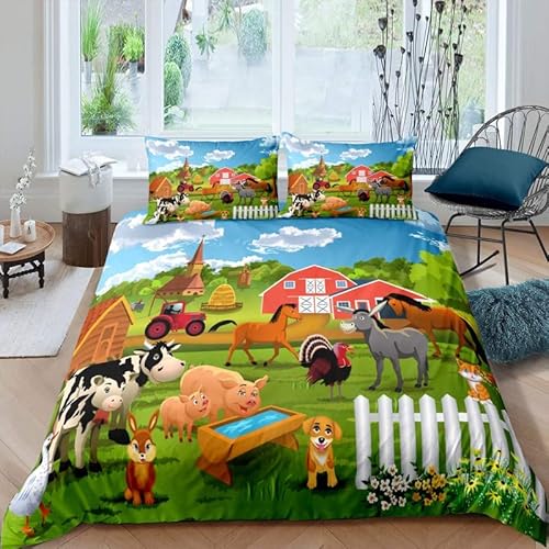 BettwäSche 135x200 Kinder grüner Bauernhof 110g/㎡ Microfaser BettwäSche Kinder Mit Reißverschluss Bettbezug 135 X 200 + 2 Kissenbezug 80x80 Deko Schlafzimmer von TLPUIKY