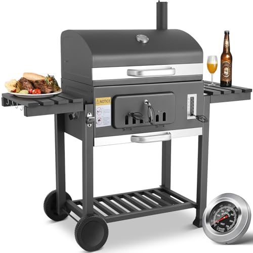 BBQ Grillwagen xxl, Holzkohlegrill mit Deckel & Rädern, Standgrill, inkl. Schornstein, Thermometer, grillrost usw., Smoker für Camping BBQ und Garten, Grau Holzkohlegrill, 152x136x60cm Grill von TLSUNNY