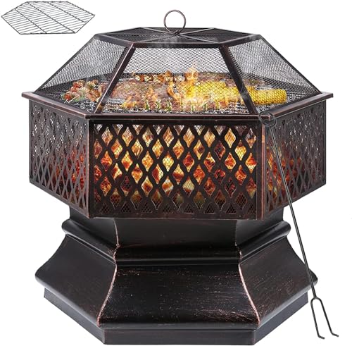 Feuerschale mit Grillrost, Feuerkorb mit Funkenschutz, Feuerschalen für den Garten, Sechseckige Feuerstelle Outdoor mit Schürhaken Kohlerost, Solide und Stabil, 66 * 66 * 63 cm, für Heizung/BBQ von TLSUNNY