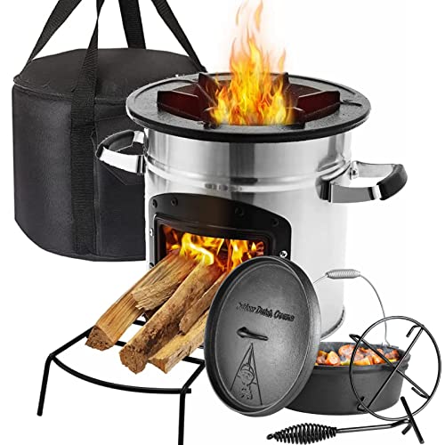 Raketenofen Inkl. 4L Dutch Oven Set aus Gusseisen, Rocket Stove Ø26*25 cm mit Tragetasche & Brennholzständer & Kohlegitter,Dickem Gusseisen Kochtopf mit Deckelheber Spiralförmiger Henkel & Topfständer von TLSUNNY