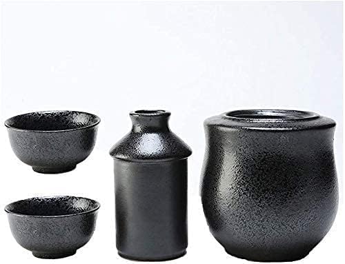 Traditionelles Sake-Becher-Set mit handgestaltetem Design, 4-teiliges Sake-Set, japanisches Weinbecher-Set mit Warmhaltekanne, schwarz glasierte Keramiktassen mit malerischer Textur, für kalten/warme von TLTDSMYF