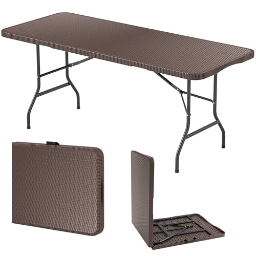 TLTLT Tragbarer, zusammenklappbarer Campingtisch, 182 x 74 x 74 cm, HDPE-Tischplatte mit Tragegriff, in der Mitte zusammenklappbares Design for Picknicks im Freien, Grillen, Gartenterrasse (braun) von TLTLT