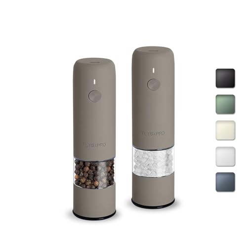 TLYSXPRO Mini Salz Und Pfeffermühle Elektrisch 2er Set, USB Wiederaufladbar, Von Außen Einstellbarer Grobheit Gewürzmühle, Kleine Pfeffermühle Elektrische Mit Reinigungsbürste (Greige) von TLYSXPRO