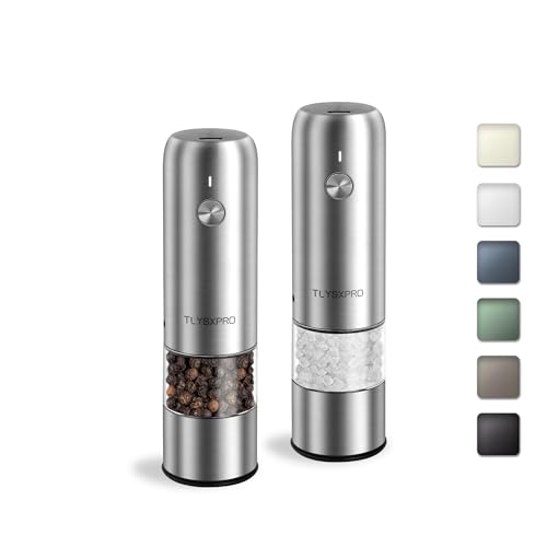 TLYSXPRO Mini Salz Und Pfeffermühle Elektrisch 2er Set, USB Wiederaufladbar, Von Außen Einstellbarer Grobheit Gewürzmühle, Kleine Pfeffermühle Elektrische Mit Reinigungsbürste (Stainless Steel) von TLYSXPRO