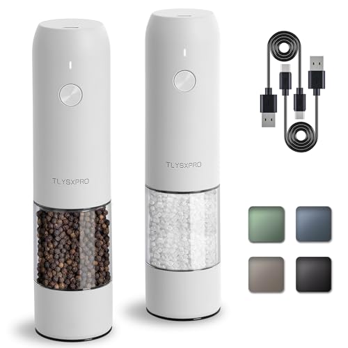 TLYSXPRO Salz und Pfeffermühle Elektrisch 2er Set, USB Wiederaufladbar, Einstellbarer Grobheit Gewürzmühle, Pfeffermühle Elektrische mit LED-Licht, Reinigungsbürste, Küchengeräte, Weiß von TLYSXPRO